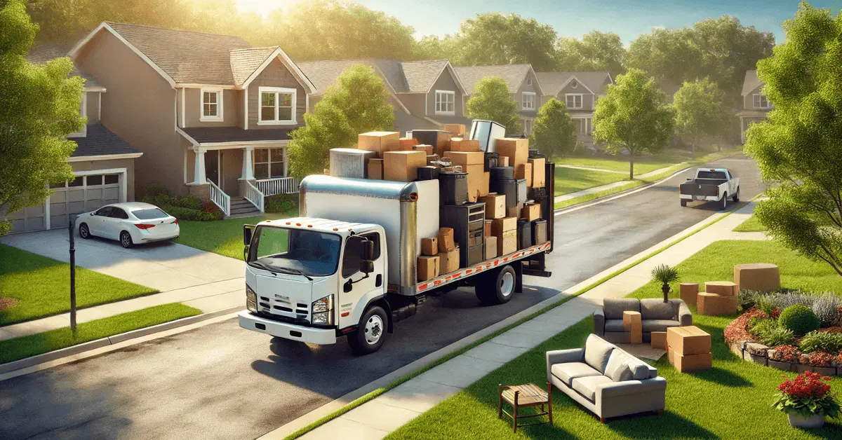 junk removal truck parked in a clean suburban neighborhood in Overland Park, KS, loaded with furniture, boxes, and small appliances, emphasizing professional and efficient junk removal services